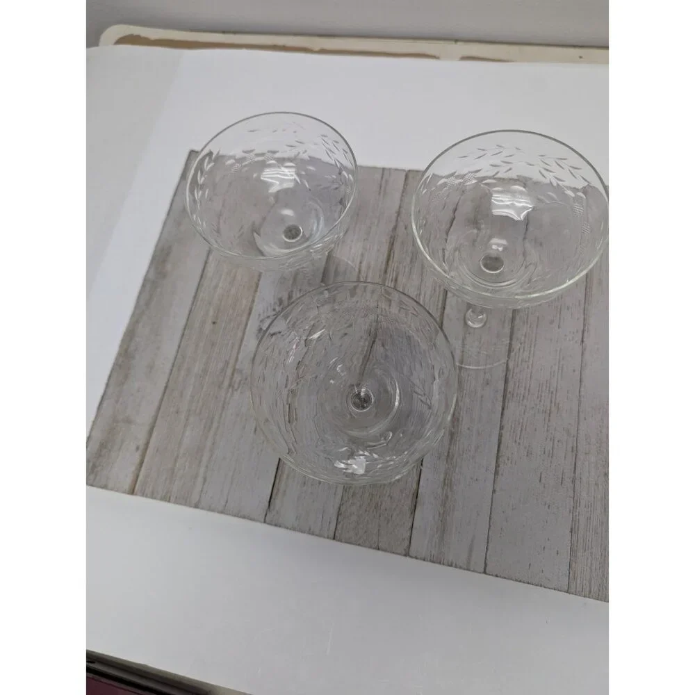 Set Of 3 Vintage Flower Etched Crystal Sherbet Champagne Glasses 5 7/8” Clear - Picture 2 of 6